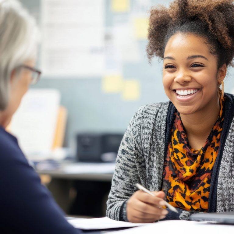 A social worker is smiling and actively listening to a client during a discussion in a community center. The environment is supportive and focused on assistance and guidance