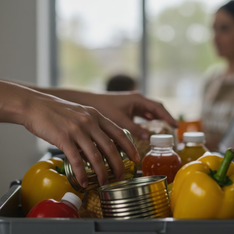 Woman handing oil bottles to elderly lady during food donation drive