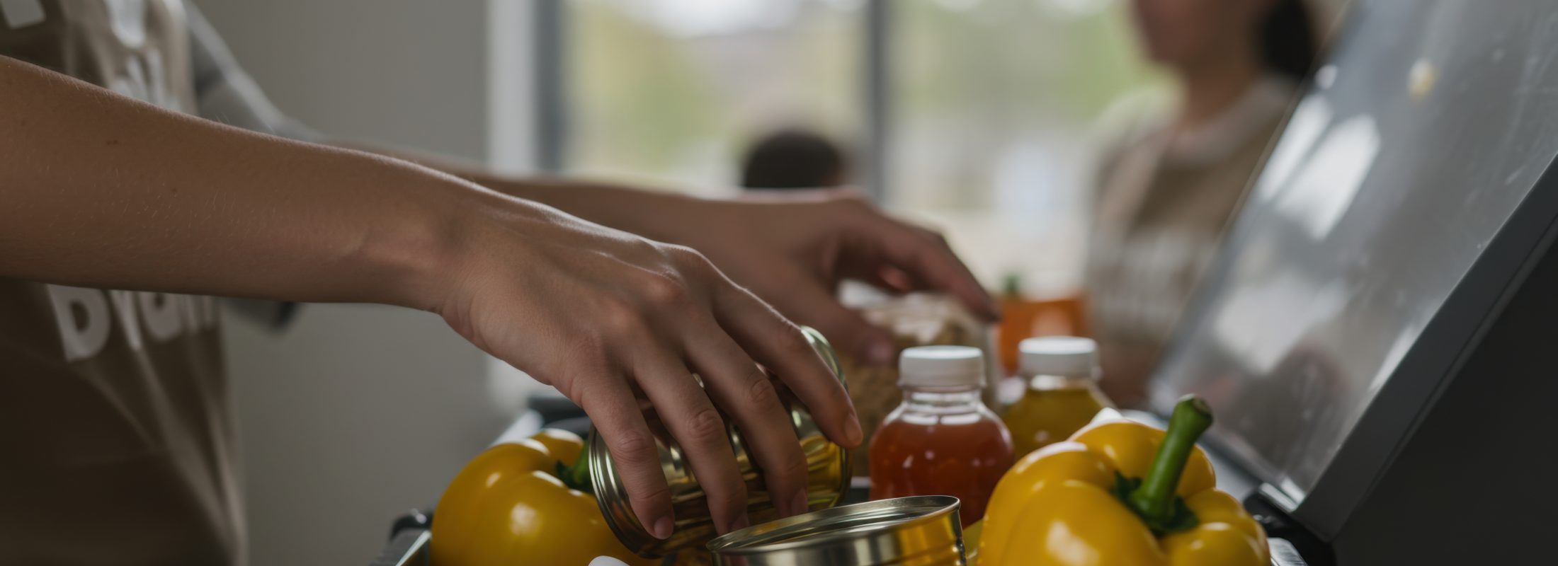 Woman handing oil bottles to elderly lady during food donation drive